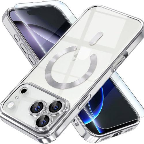 Луксозен прозрачен калъф за iPhone 17 Pro сребърен телефони