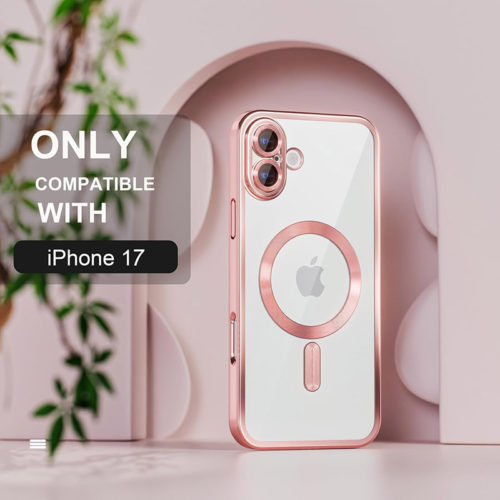 Луксозен прозрачен калъф за iPhone 17 розов красив