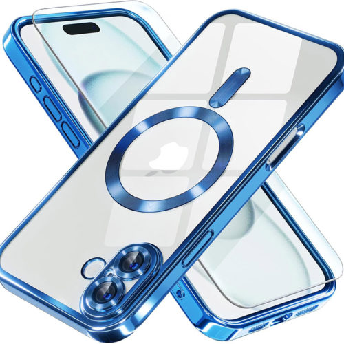 Луксозен прозрачен калъф за iPhone 17 син телефони