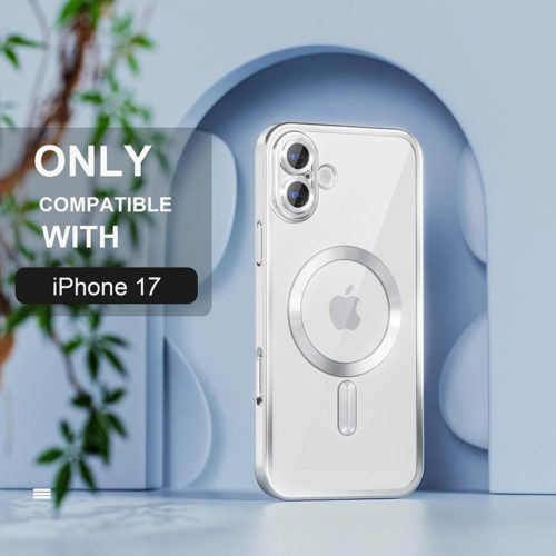 Луксозен прозрачен калъф за iPhone 17 сребърен красив