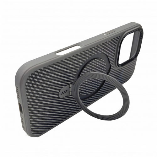 Премиум карбонов калъф за iPhone 16 Pro Max сив стойка