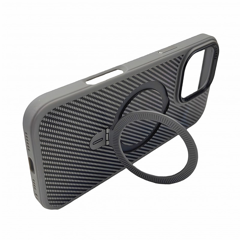 Премиум карбонов калъф за iPhone 16 сив стойка