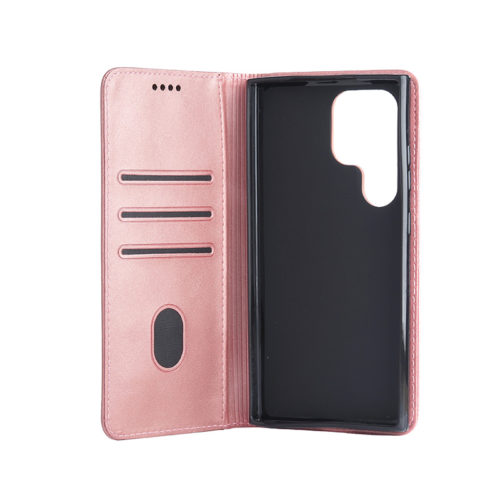 Кожен калъф с магнитен капак за Samsung Galaxy S26 Ultra розов джобове
