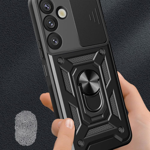 Удароустойчив калъф с пръстен за Samsung Galaxy S26 Plus черен против отпечатъци
