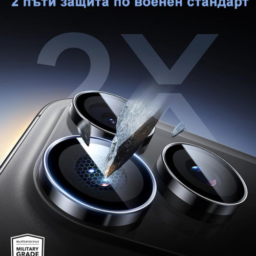 Стъклен протектор за камерата на iPhone 15 Pro черен военен стандарт