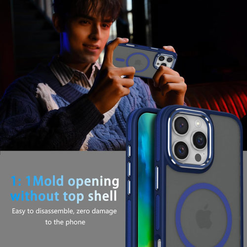 Луксозен магнитен калъф за iPhone 16 Pro Max син удобен