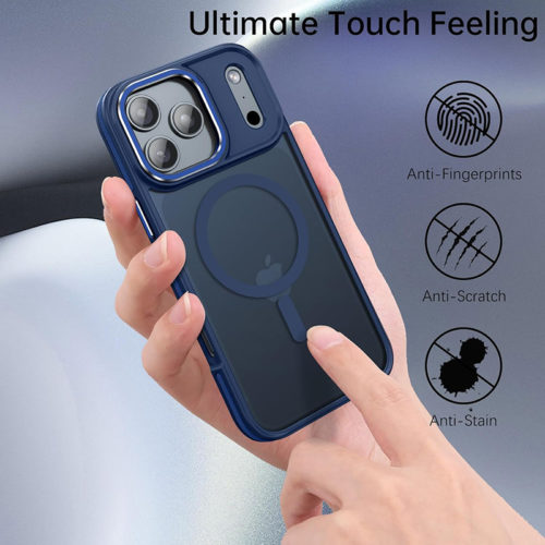 Луксозен магнитен калъф за iPhone 17 Pro син матова повърхност