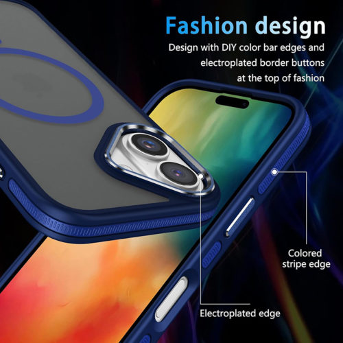 Луксозен магнитен калъф за iPhone 17 син защита камера и екран