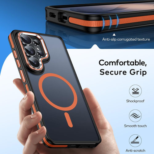 Луксозен магнитен калъф за Samsung Galaxy S26 Ultra оранжев добър захват