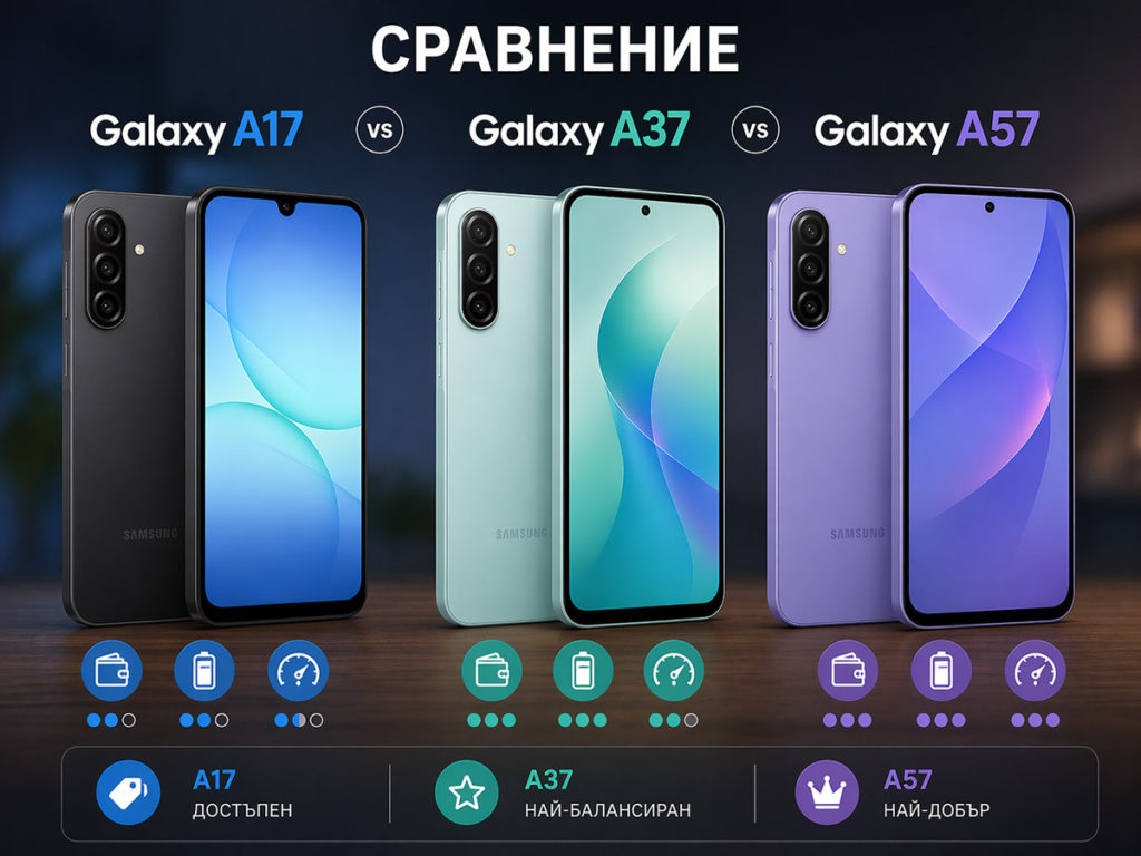 Сравнение между Samsung Galaxy A17, Samsung Galaxy A37 и Samsung Galaxy A57