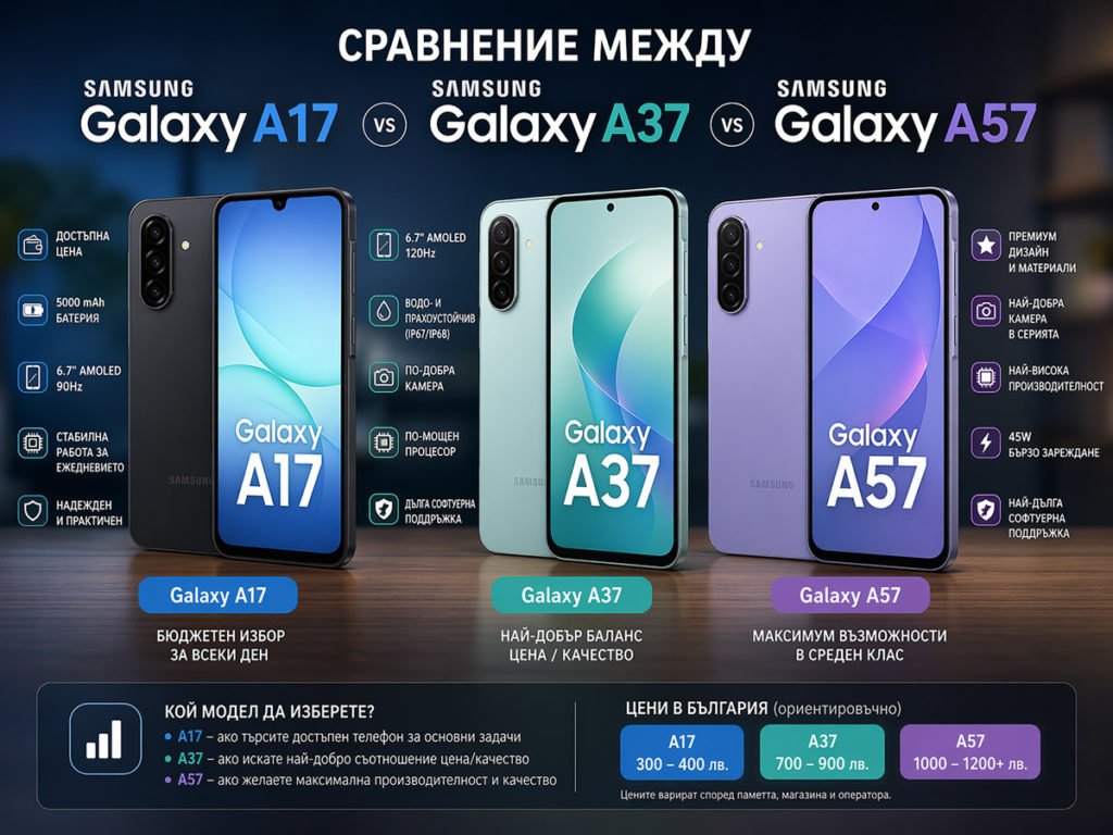 Сравнения между Samsung Galaxy A17, Samsung Galaxy A37 и Samsung Galaxy A57