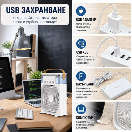 Преносим охлаждащ вентилатор с LED осветление USB