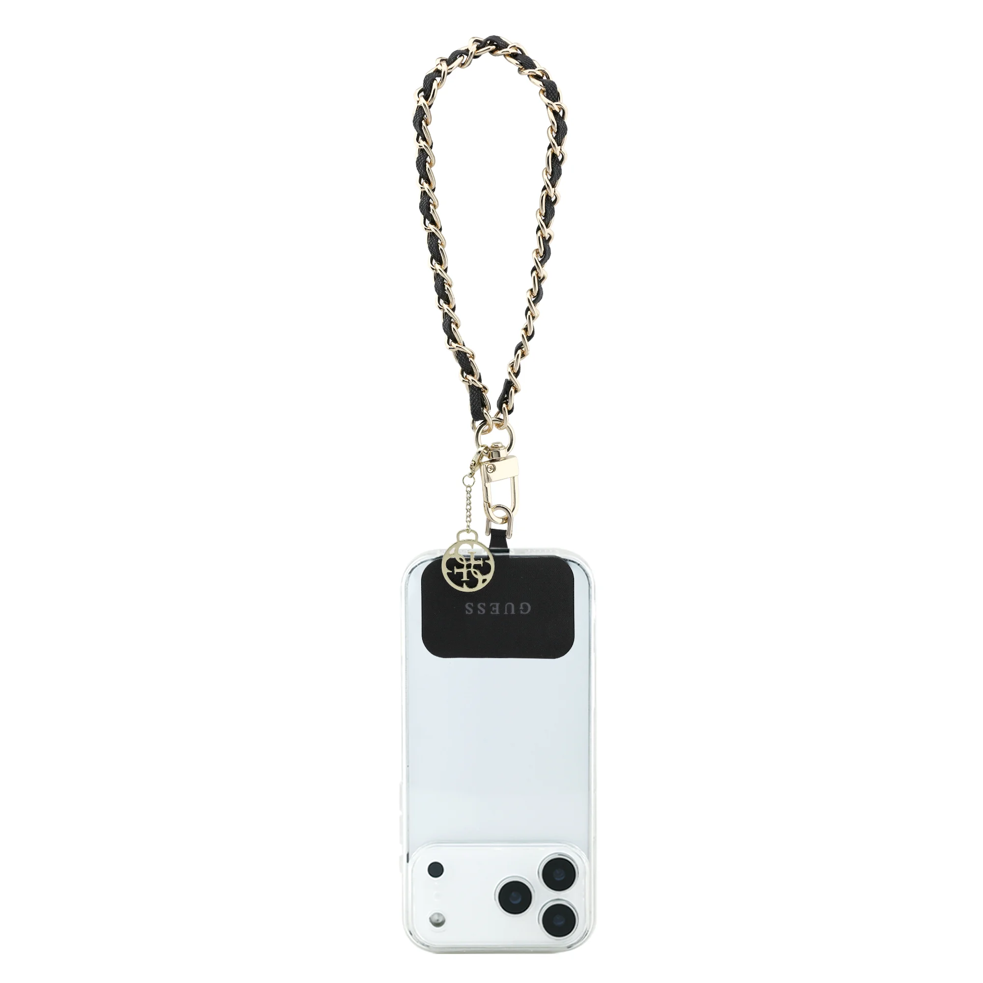0653 GUESS HDSP PU SAFFIANO CHAIN STRAP W/ 4G CHARM BLACK