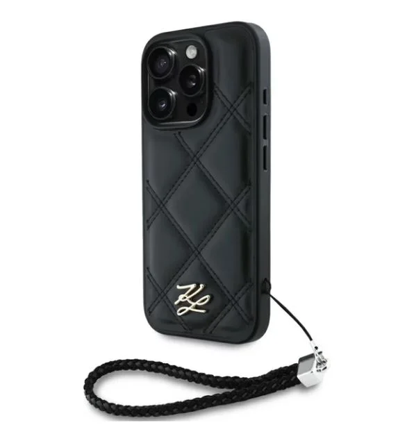 0880 KARL HC QUILTED PU INITIAL LOGO & CHAIN STRAP BLACK IP16