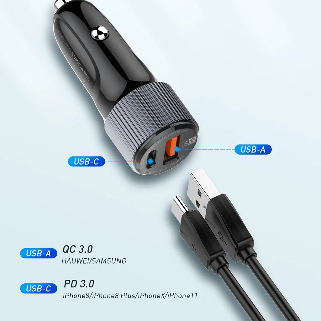 12V 2в1 C510Q 3.0 LDNIO Fast с 2 изхода USB-C + USB 36W – Type-C към Lightning