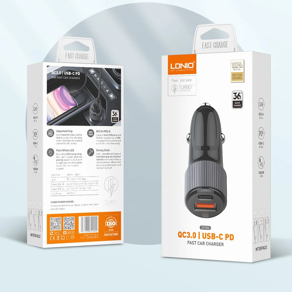 12V 2в1 C510Q 3.0 LDNIO Fast с 2 изхода USB-C + USB 36W – Type-C към Lightning
