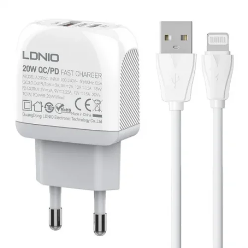 20W LDNIO A2316C С 2 изх. USB + USB-C с кабел USB-C към Lightning