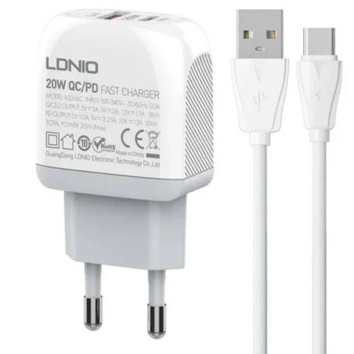 20W LDNIO A2316C С 2 изх. USB + USB-C с кабел USB към Type-C