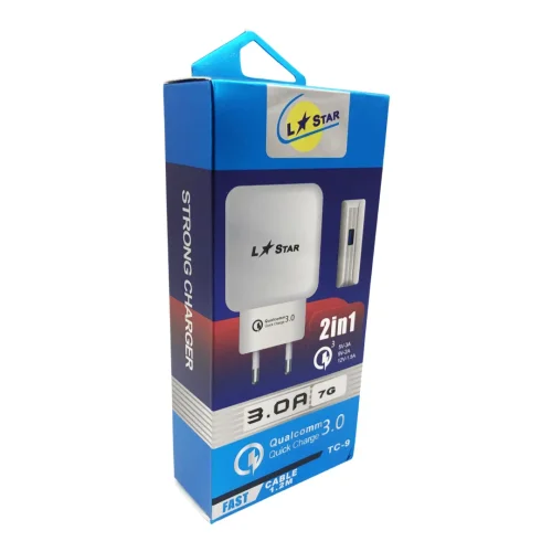 220V TC-9 L✮STAR 2в1 3.0A Lightning за телефон Бързо зареждащ – Бял