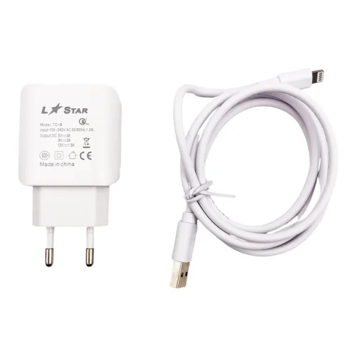 220V TC-9 L✮STAR 2в1 3.0A Lightning за телефон Бързо зареждащ – Бял