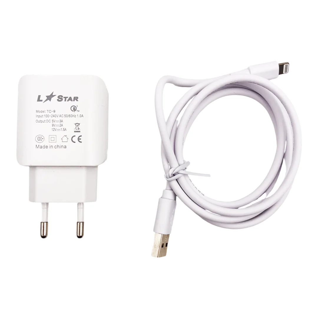 220V TC-9 L✮STAR 2в1 3.0A Lightning за телефон Бързо зареждащ – Бял