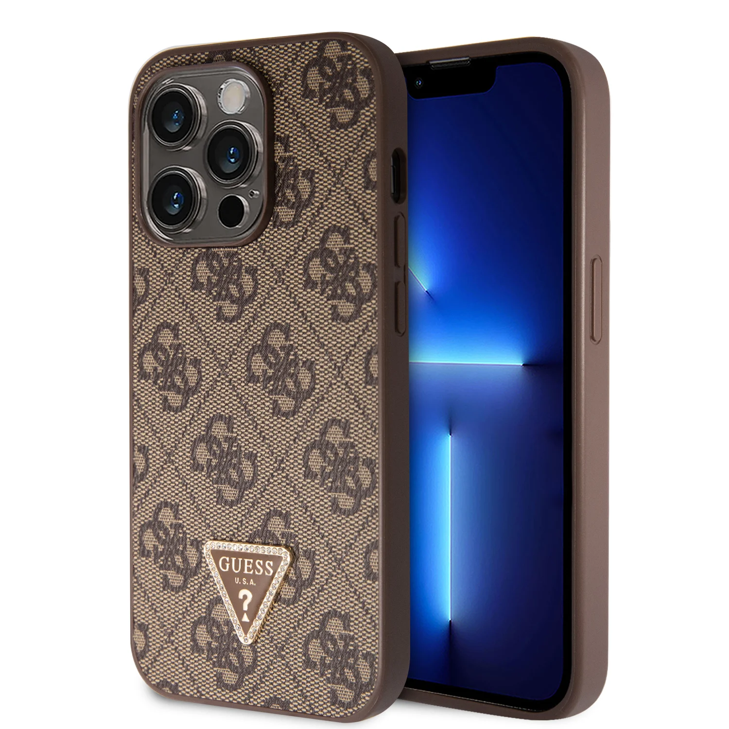 6368 GUESS HC PU LEATHER 4G LOGO STRASS BROWN IP14 PRO