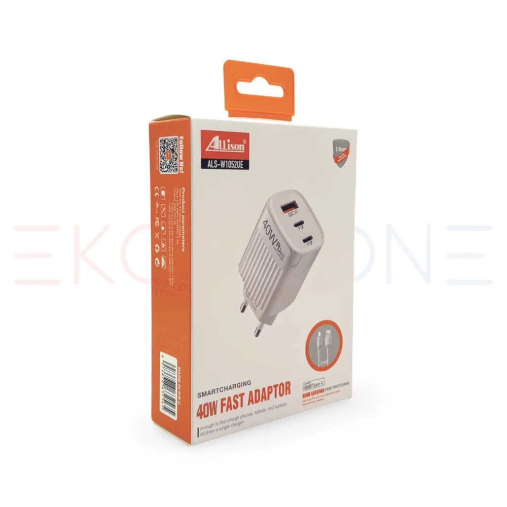 ALLISON ALS-W1052UE PD40W Зарядно с 1 USB-C изх. И 2 USBQC3.0 изх. – USB към Type-C