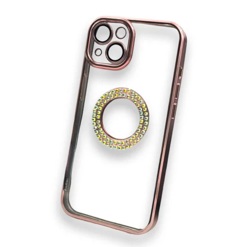Безцветен кейс + камера DM1 с камъни за iPhone 13 Pro Max – Розов