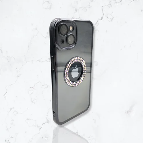 Безцветен кейс + камера DM1 с камъни за iPhone 14 – Черен