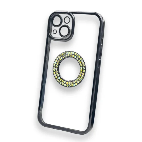 Безцветен кейс + камера DM1 с камъни за iPhone 14 Plus – Черен