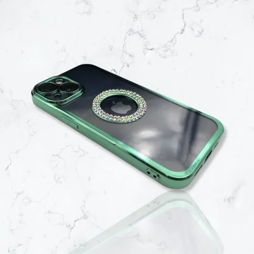 Безцветен кейс + камера DM1 с камъни за iPhone 14 Plus – Зелен