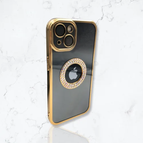 Безцветен кейс + камера DM1 с камъни за iPhone 14 Plus – Златист