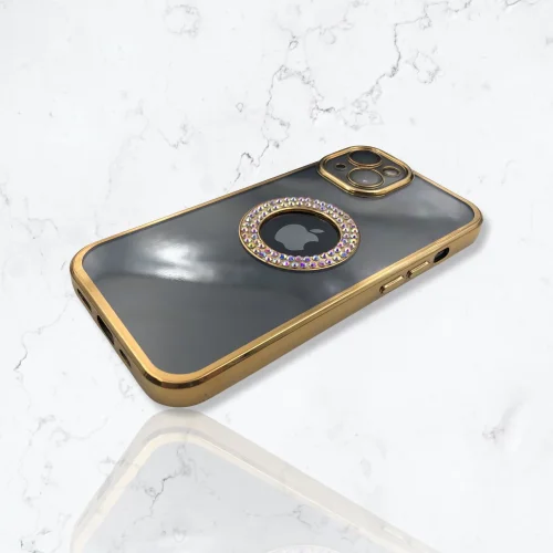 Безцветен кейс + камера DM1 с камъни за iPhone 14 Plus – Златист