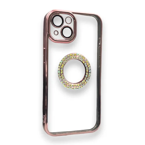 Безцветен кейс + камера DM1 с камъни за iPhone 14 Pro Max – Розов