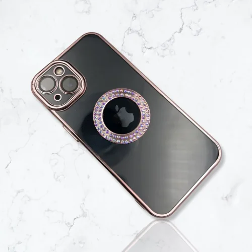 Безцветен кейс + камера DM1 с камъни за iPhone 14 – Розов