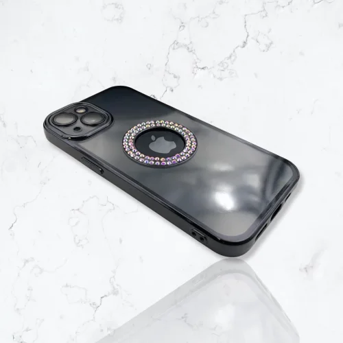 Безцветен кейс + камера DM1 с камъни за iPhone 15 Plus – Черен