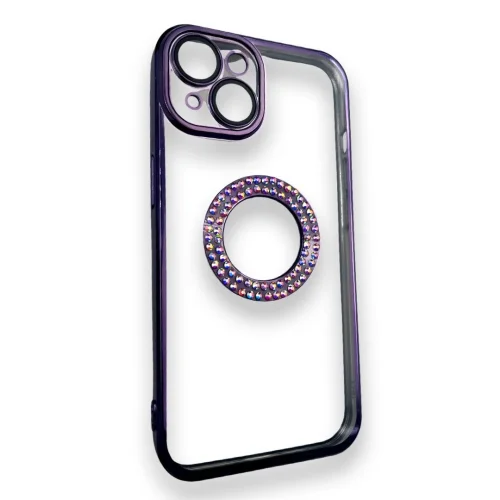 Безцветен кейс + камера DM1 с камъни за iPhone 15 Plus – Лилав