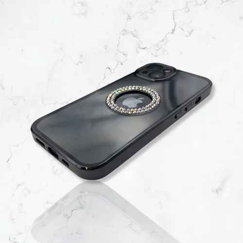 Безцветен кейс + камера DM1 с камъни за iPhone 15 Pro – Черен