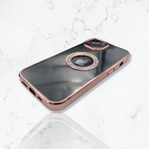 Безцветен кейс + камера DM1 с камъни за iPhone 15 Pro – Розов