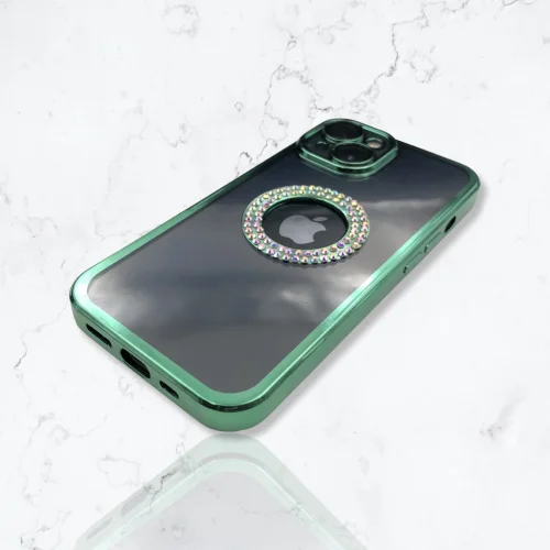 Безцветен кейс + камера DM1 с камъни за iPhone 15 – Зелен