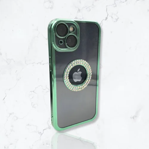 Безцветен кейс + камера DM1 с камъни за iPhone 15 – Зелен