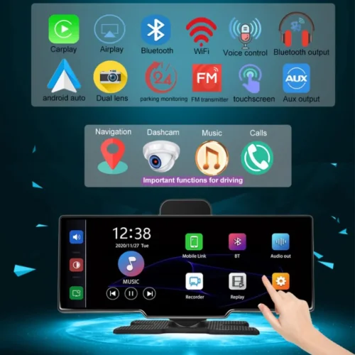 C200 10-инчов Apple Carplay/Android Auto + Видеорегистратор Безжична автомобилна стерео GPS навигация автомобилен екран , Bluetooth, Siri/Google Assistant