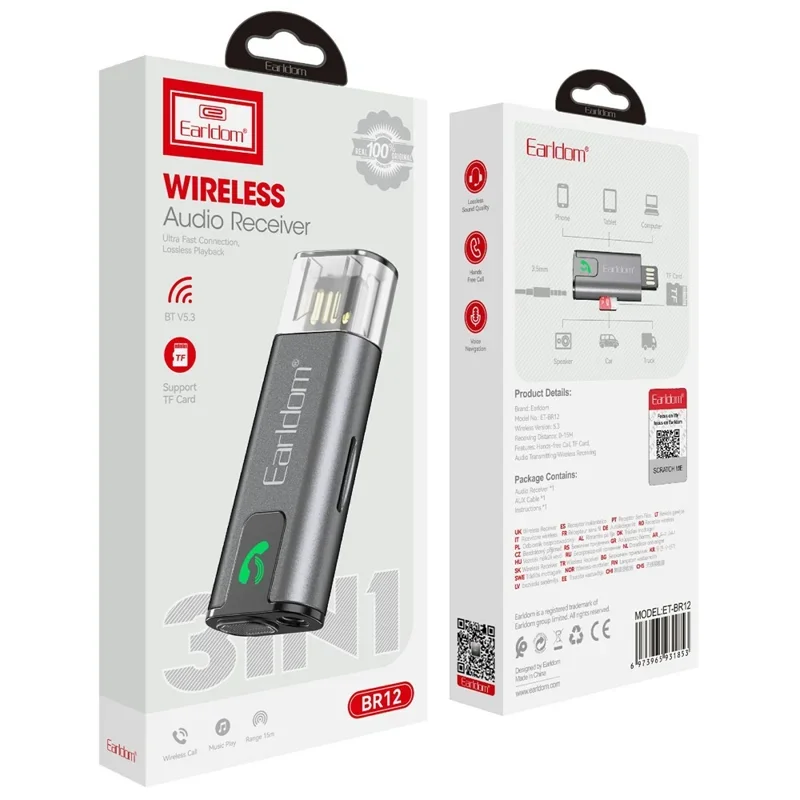 EARLDOM ET-BR12 Bluetooth 5.3 Аудио Ресийвър с AUX, TF и USB – Безжично Свързване и Възпроизвеждане