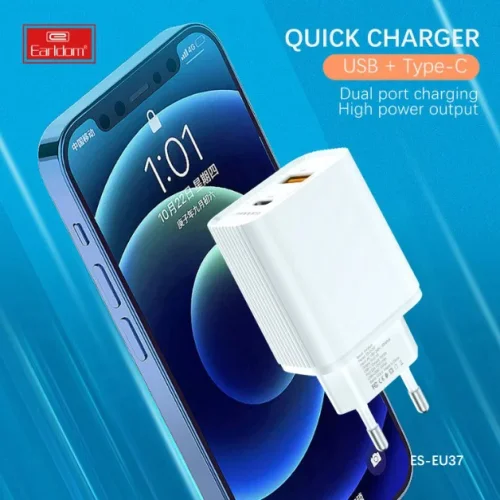 EARLDOM EU37 Зарядно PD-20W + QC 3.0A. с кабел Type-C към Lightning 1M.