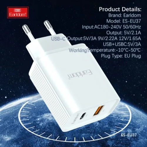 EARLDOM EU37 Зарядно PD-20W + QC 3.0A. с кабел Type-C към Lightning 1M.