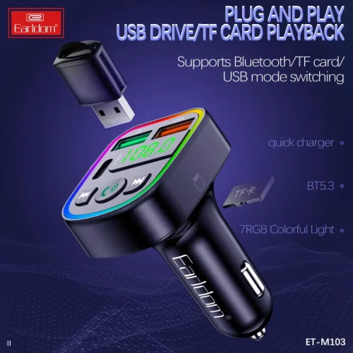 EARLDOM M103 FM 3.1A. модулатор трансмитер (2 USB изхода + 1USB-C, Bluetooth)