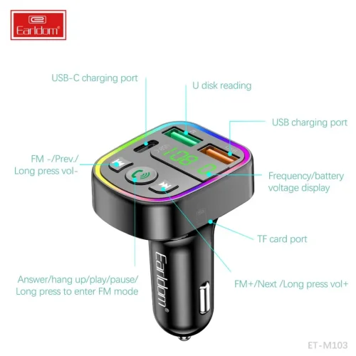 EARLDOM M103 FM 3.1A. модулатор трансмитер (2 USB изхода + 1USB-C, Bluetooth)