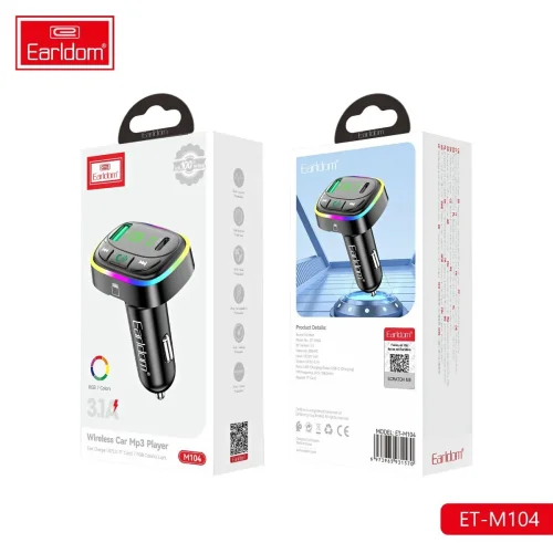 EARLDOM M104 FM модулатор трансмитер (USB изход + 1USB-C, microSD, Bluetooth) Earldom, 3.1A, с подсветка