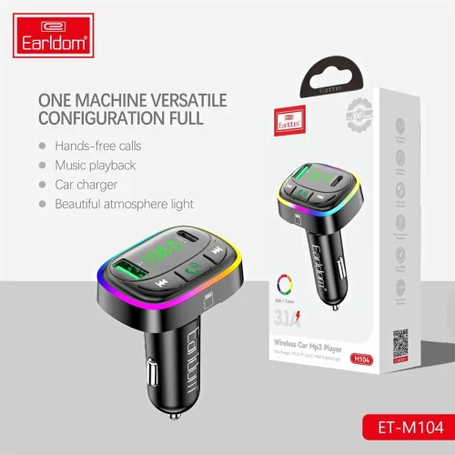 EARLDOM M104 FM модулатор трансмитер (USB изход + 1USB-C, microSD, Bluetooth) Earldom, 3.1A, с подсветка