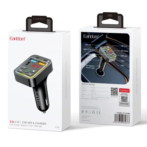 EARLDOM M108 FM 3.1A. модулатор трансмитер (2 USB изхода + 1USB-C, Bluetooth) BT5.3